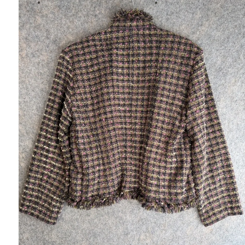 Vintage 90s Chicos Tweed Fringed Jacket Womens 3 XL Multicolor Plaid Office Chic